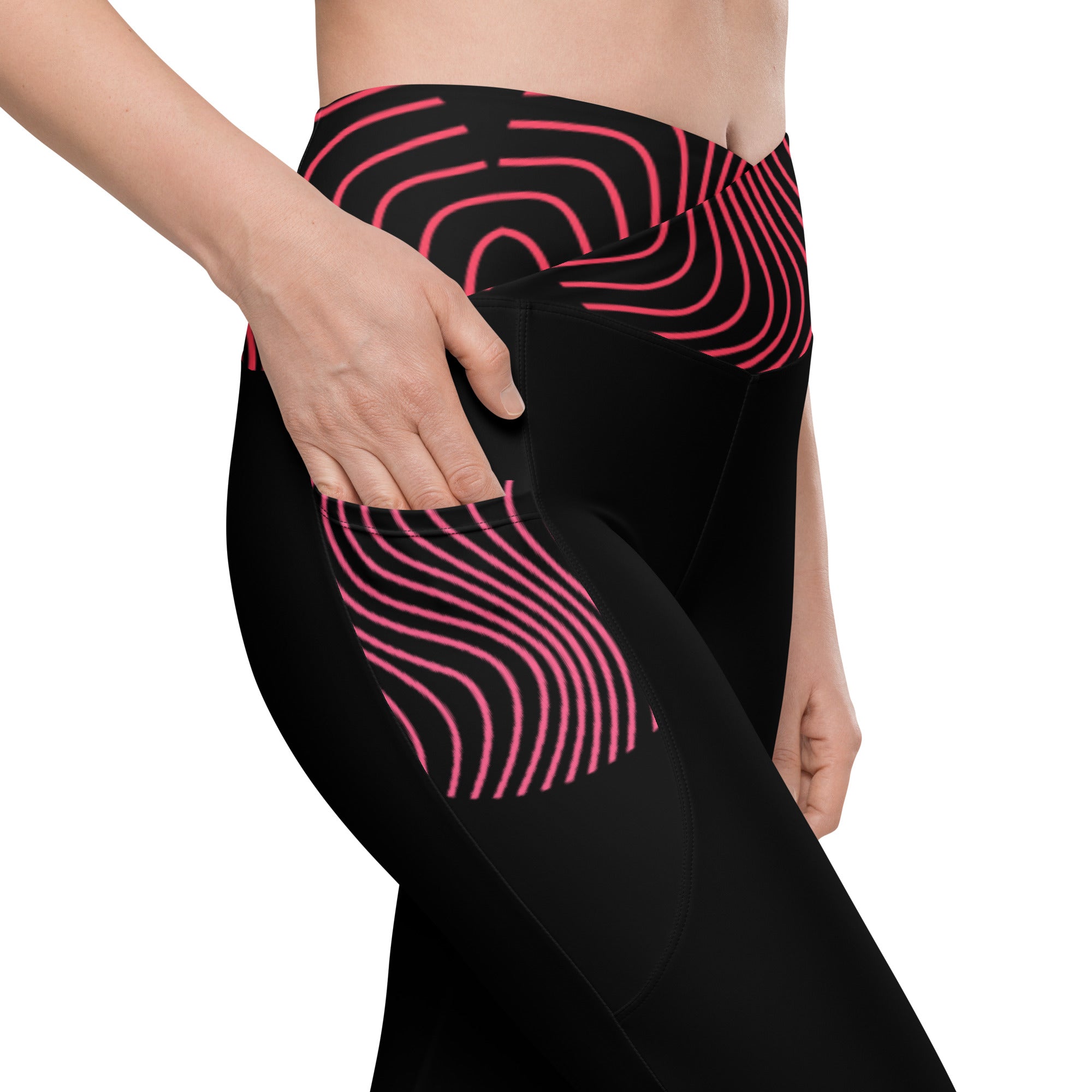 Black crossover leggings with pockets- activewear for gym girls. Fitness or yoga pants. RippleFX by WickedYo.